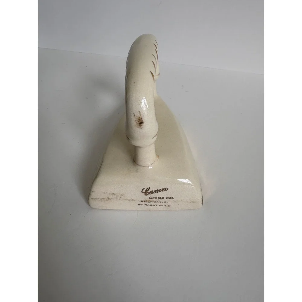 Vintage Ceramic Cherry Flat Iron Vase Planter Gold Trim Cream Retro Decor